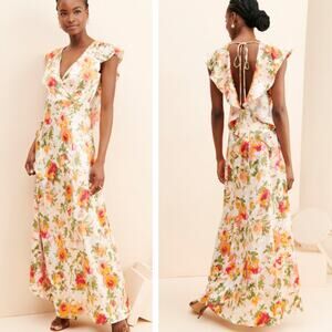 HUTCH Ella Pink Floral V-Neck Ruffle Maxi Dress Size 0